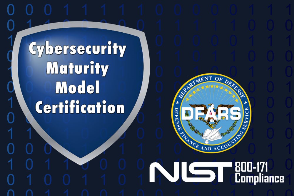 cybersecurity maturity model CMMC certification and audit logo with DFARS and NIST 800-171