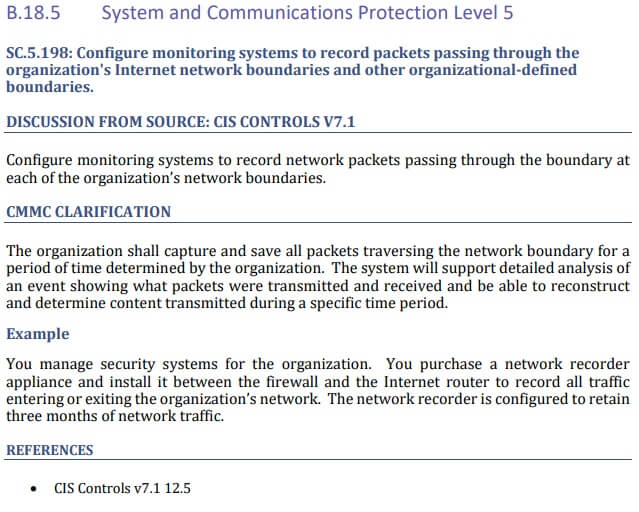 Screen shot of additional guidance for control B.18.5 Systems and Communications Level 5 from CMMC version 1.0 document 