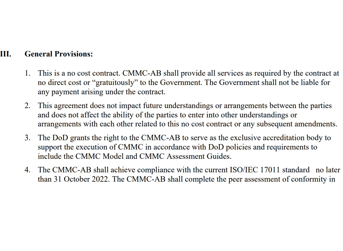 Picture showing a small portion of the CMMC-AB statement of work, which requires a no-cost contract, grants exclusivity, and requires compliance with ISO/IEC 17011