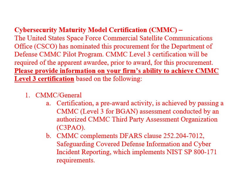 CMMC language text inside first pilot contract by the Space Force 2021