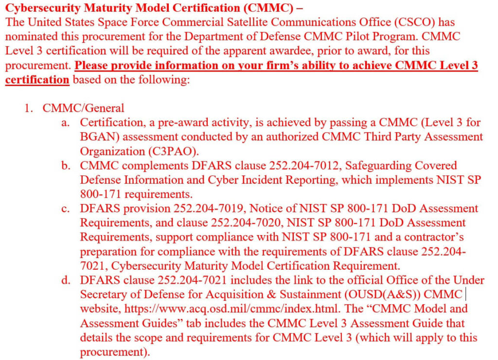 CMMC contract RFI for the Space Force satellite office requires Level 3