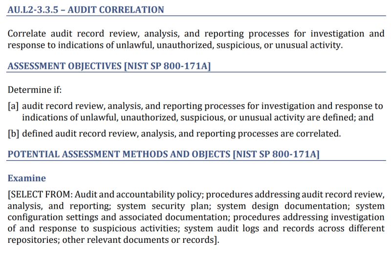 800-171 3.3.5 requirement correlate audit record review, analysis, and reporting processes for investigation and response to indications of unlawful, unauthorized, suspicious, or unusual activity.
