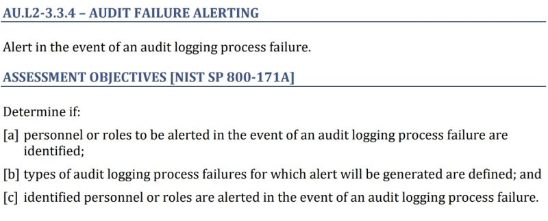 NIST SP 800-171 3.3.4 Alert in the event of an Audit Logging Process Failure