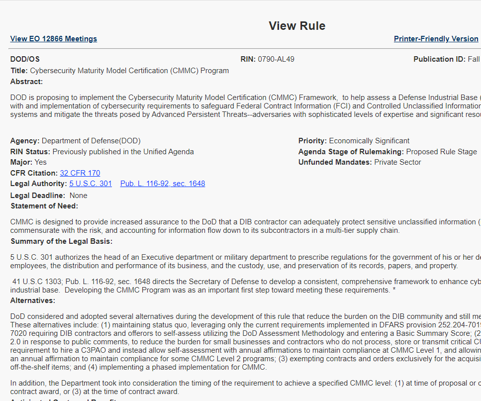 DFARS 252.204-7021 CMMC rule proposed or interim