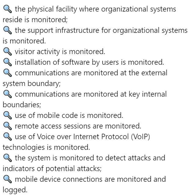 list of 800-171 and cmmc assessment objectives that require monitoring