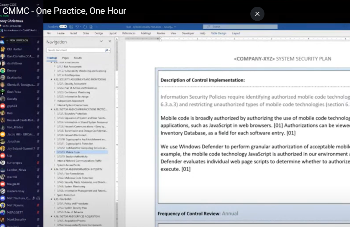 Screenshot of the webinar for CMMC One Control One Hour presentation by Amira Armond