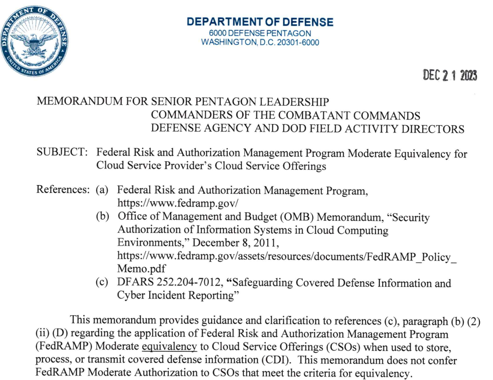 FedRAMP equivalent memo dfars 252.204-7012 and CMMC